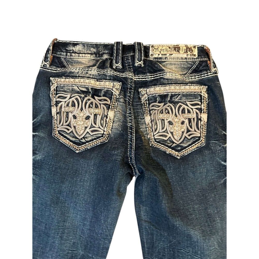 Rock Revival Rosalie Mid Rise Skinny Jeans Sz 26 (28x29) Embellished Pocket